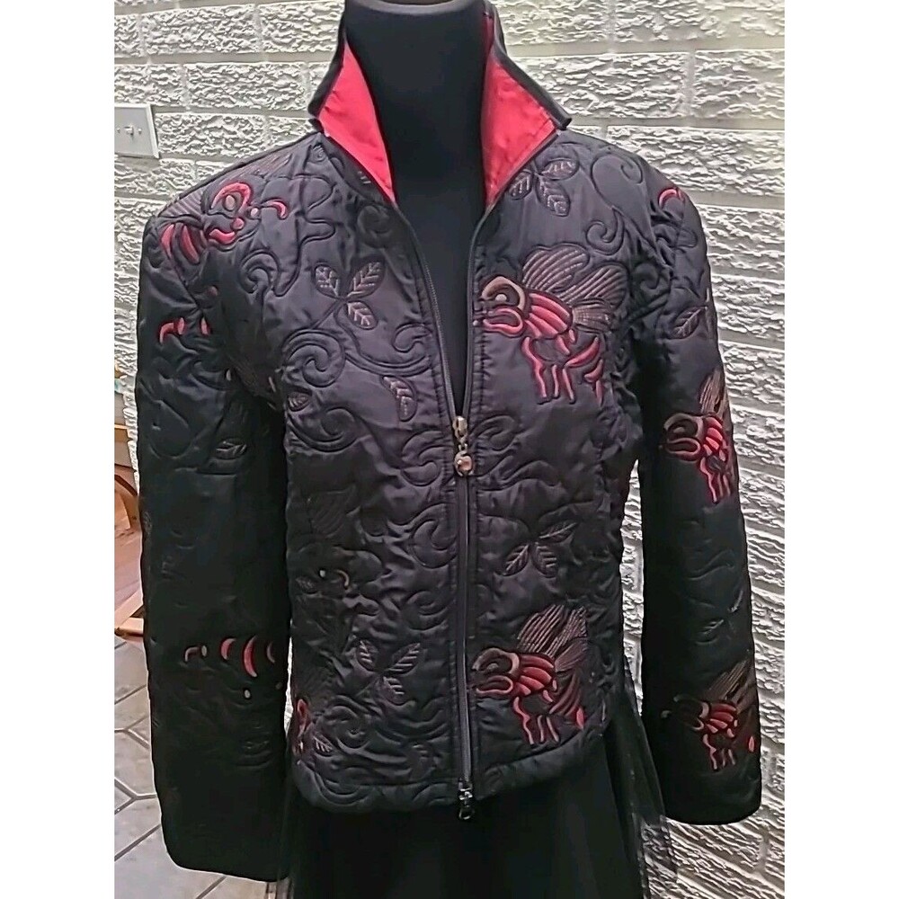 Joseph Ribkoff Jacket Black Size 14 Quilted Fabric Red trim full zip 22/22